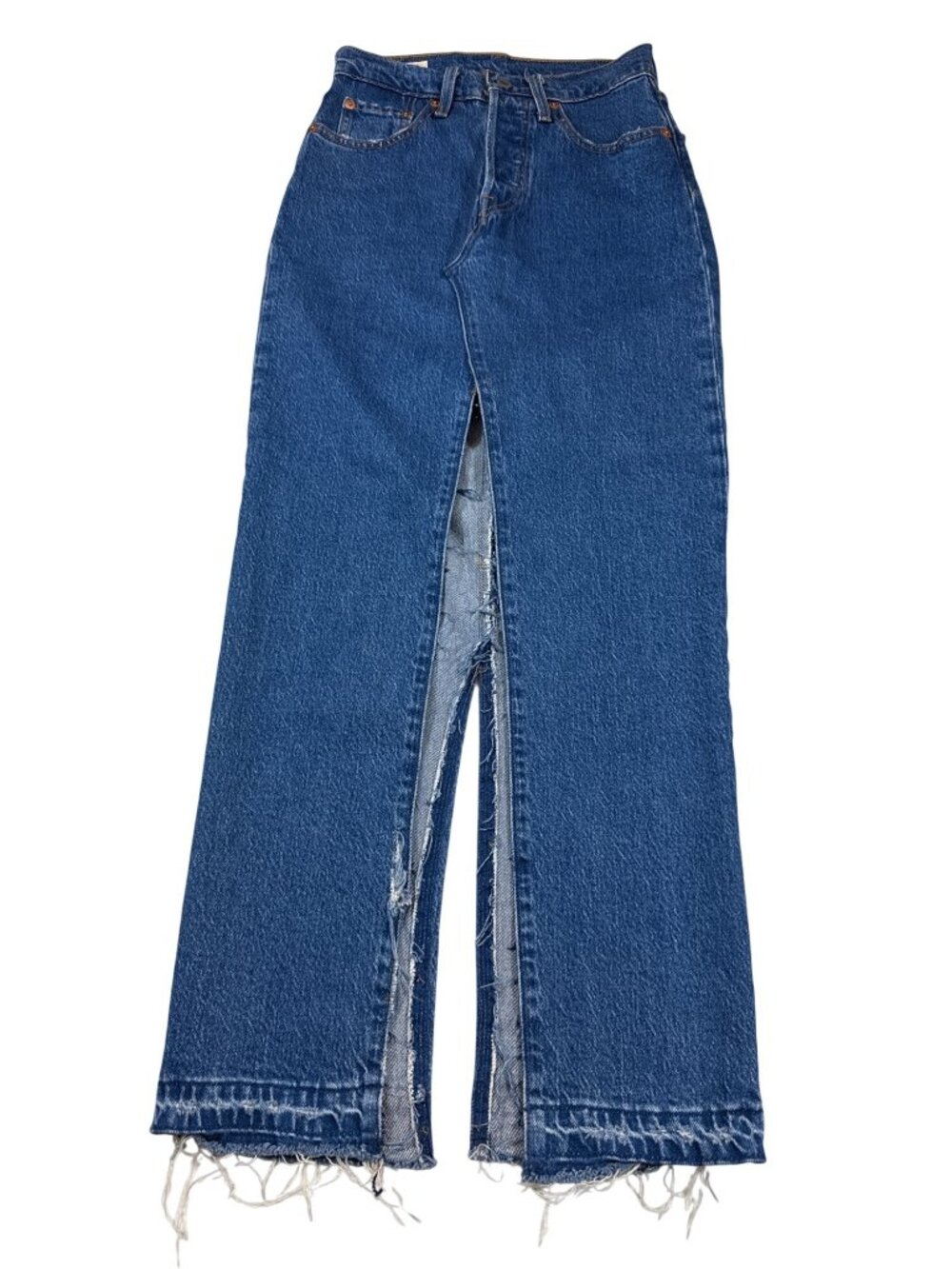 Levis 501 Premium Denim Front-Split Maxi Skirt Distressed Hem Button Fly (I606)